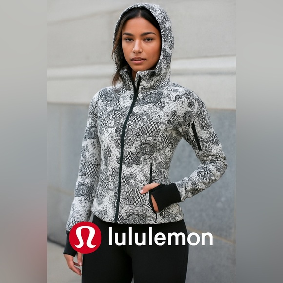 lululemon athletica Jackets & Blazers - Lululemon Lined Black and White Floral Lace Jacket with Detachable Hood size 4
